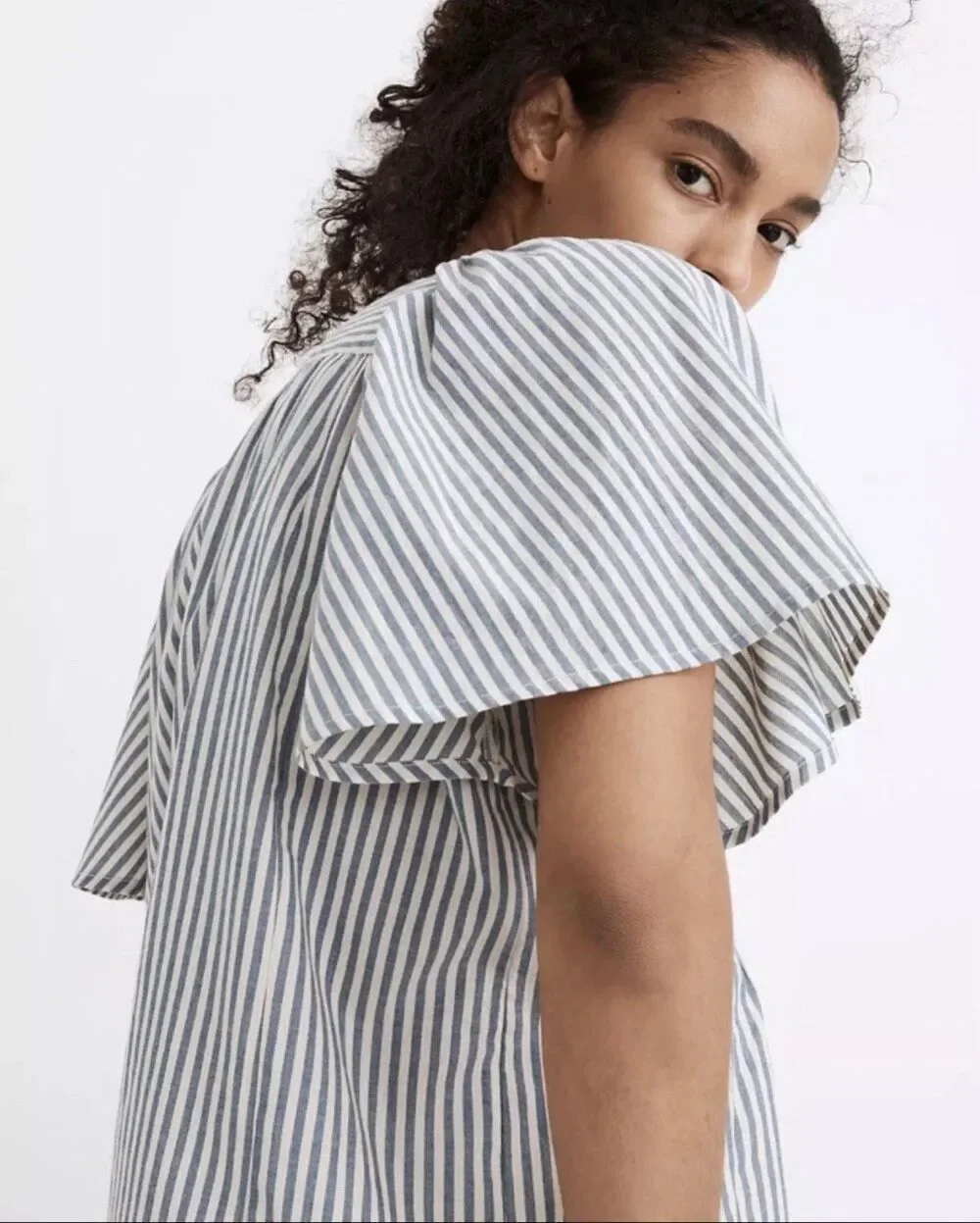 Madewell Courtyard Striped Puff Sleeve Peplum Blouse Medium Blue White Button Fr